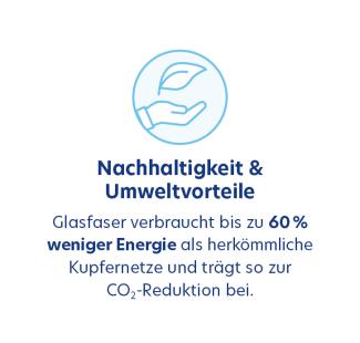 Nachhaltigkeit & Umweltvorteile. Glasfaser verbraucht bis zu 60 % weniger Energie als herkömmliche Kupfernetze und trägt so zur CO2-Reduktion bei.